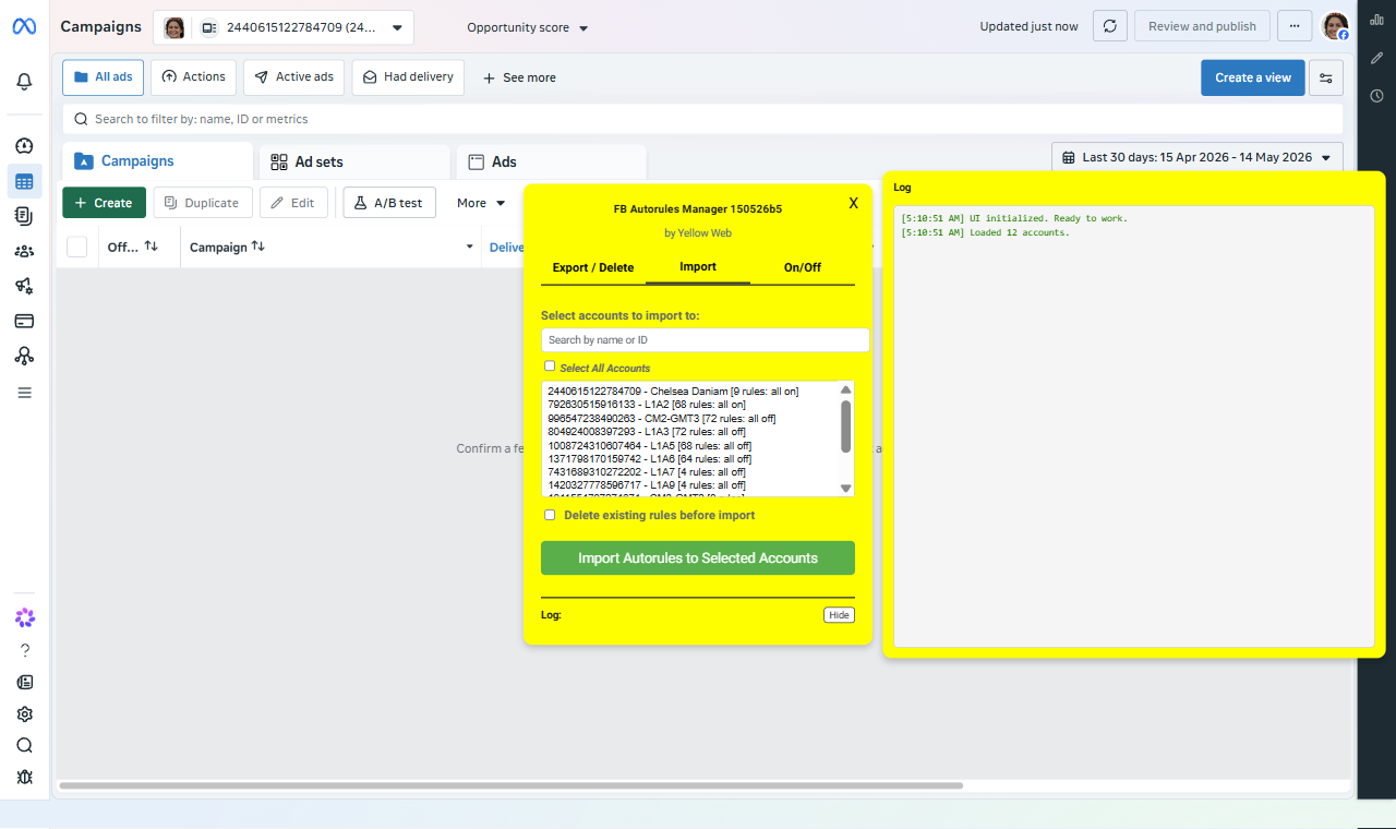 AutoRulesManager running inside Facebook Ads Manager